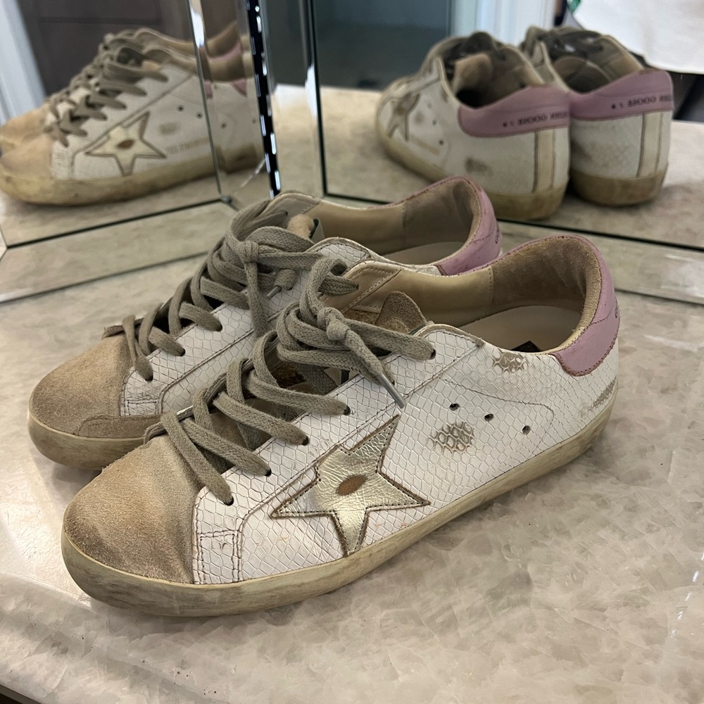 Golden Goose White and Pink Sneakers